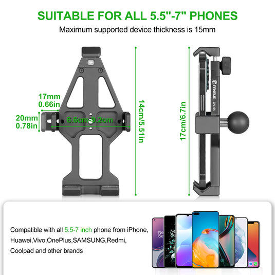 FANAUE Aluminum Phone Holder with 1" Ball Head Adapter Compatible with RAM Mounts B Size Double Socket Arm & Bike Motorcycle Phone Mount for 5.5-7" Smartphone
