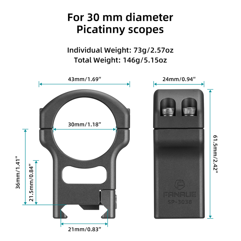 Load image into Gallery viewer, FANAUE SP-3038 Aluminum Picatinny Scope Rings for 30mm Diameter Picatinny Scope Rails, Cantilever Scope Mounting Double Rings Provide Stable Support for Tracking Targets