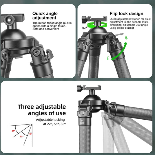 FANAUE ST-45 Carbon Fiber Tripod  With Arca Swiss quick release plate clamp with Rotating Ball Head Adapter,Load 44lb/20KG