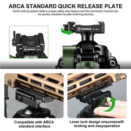 FANAUE ST-45D3 Carbon Fiber Tripod  With Arca Swiss quick release plate clamp with Rotating Ball Head Adapter,Load 44lb/20kg