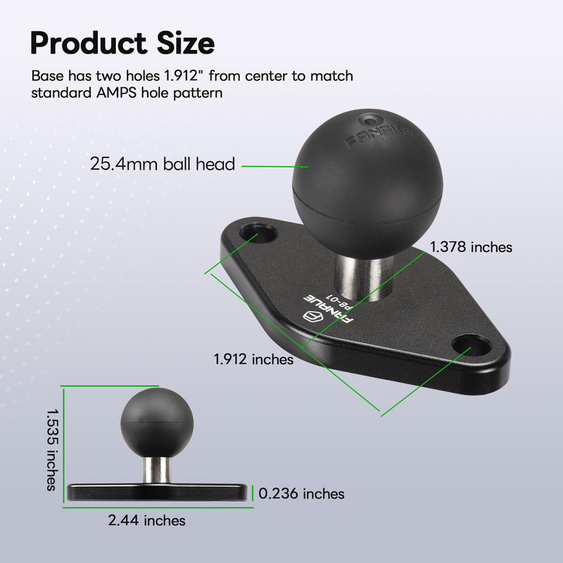 Load image into Gallery viewer, FANAUE Diamond Mount Base Compatible RAM Mount B Size 1" Ball Double Socket Arm, Center Distance Between Two Mounting Holes is 1.912'', Meets Industry Standard AMPS Hole Pattern,Made of Aluminum Alloy