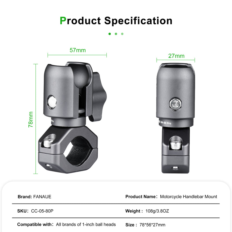 Load image into Gallery viewer, FANAUE Single Socket Arm with Handlebar Clamp Mount U-Bolt Base Compatible with RAM Mounts 1 Inch Ball Head and Bike Motorcycle Phone Holder, Can be Installed on 0.87-1.26" Diameter Rail Round Rod.
