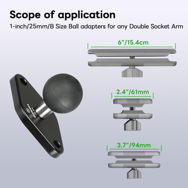 Load image into Gallery viewer, FANAUE Diamond Mount Base Compatible RAM Mount B Size 1" Ball Double Socket Arm, Center Distance Between Two Mounting Holes is 1.912'', Meets Industry Standard AMPS Hole Pattern,Made of Aluminum Alloy
