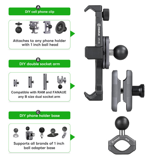 FANAUE CPC-05T Motorcycle phone mount compatible with 1-inch ball