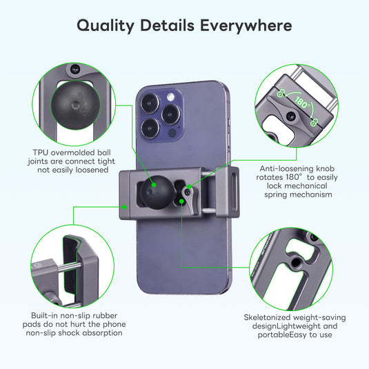 FANAUE Aluminum Phone Holder with 17, 20 , 1 " Ball Head Adapter for 6-8.5" Smartphone