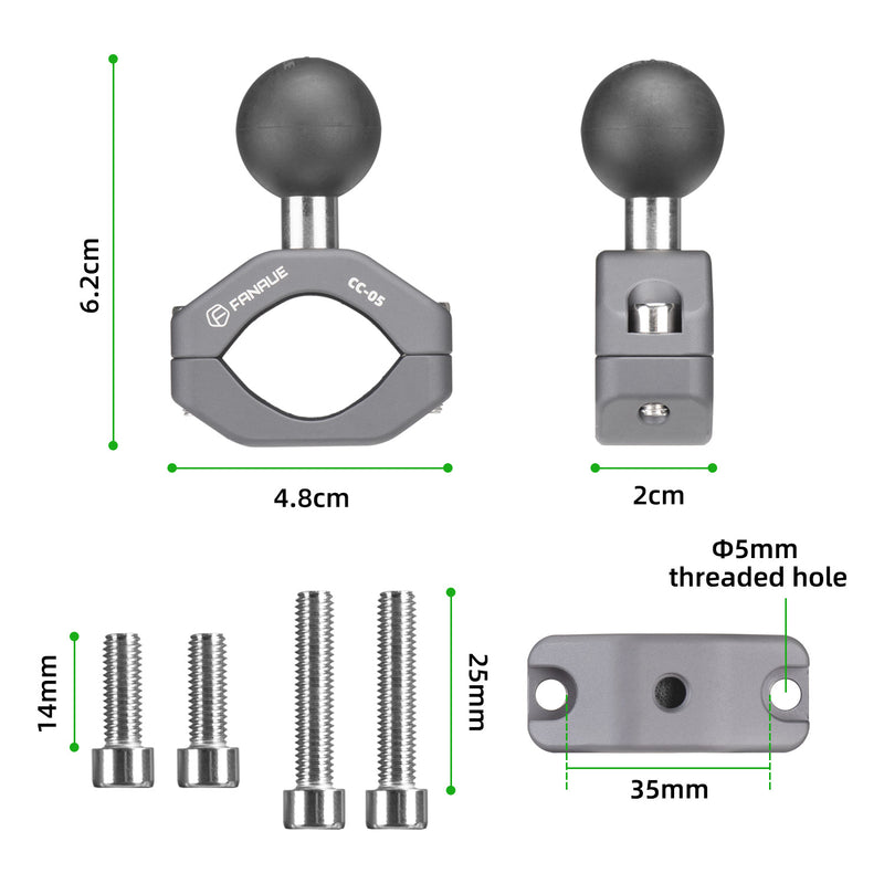 Load image into Gallery viewer, FANAUE Handlebar U-Bolt Base for Rails 0.85&quot; to 1.14&quot; in Diameter CC-05 Rod Clamp with B Size 1&quot; Ball For RAM Mounts
