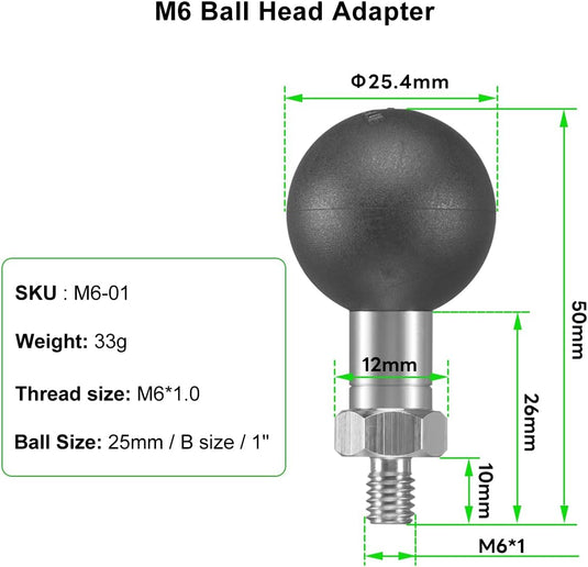FANAUE M6 Ball Base Adapter With M6x1.0 Threaded Post for RAM Mounts Double Socket Arm & Bike Motorcycle Phone Holder