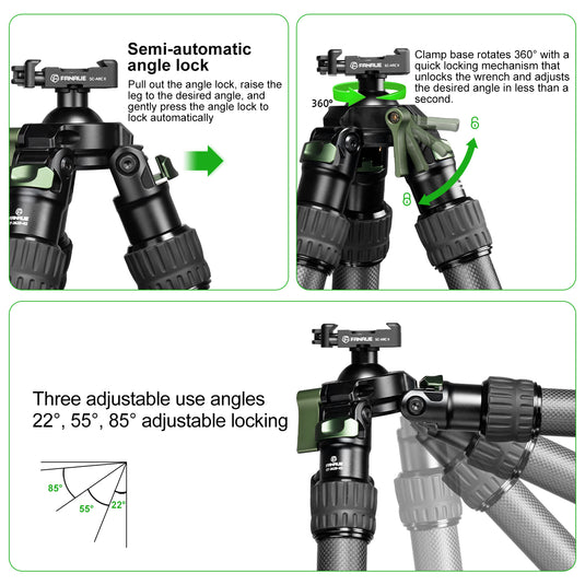 FANAUE ST-45D3 Carbon Fiber Tripod  With Arca Swiss quick release plate clamp with Rotating Ball Head Adapter,Load 44lb/20kg