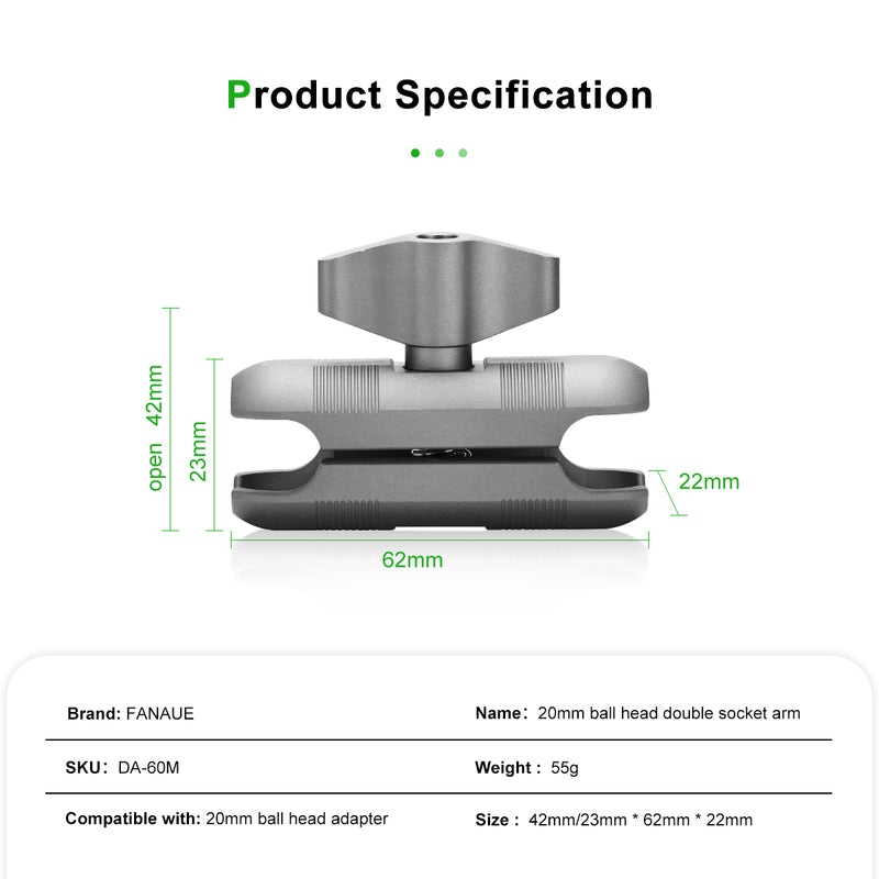Load image into Gallery viewer, FANAUE Aluminum 20mm Ball Head Double Socket Arm Only Supports Installation of 20mm Ball Head Adapter
