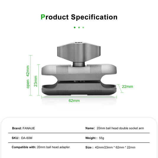 FANAUE Aluminum 20mm Ball Head Double Socket Arm Only Supports Installation of 20mm Ball Head Adapter