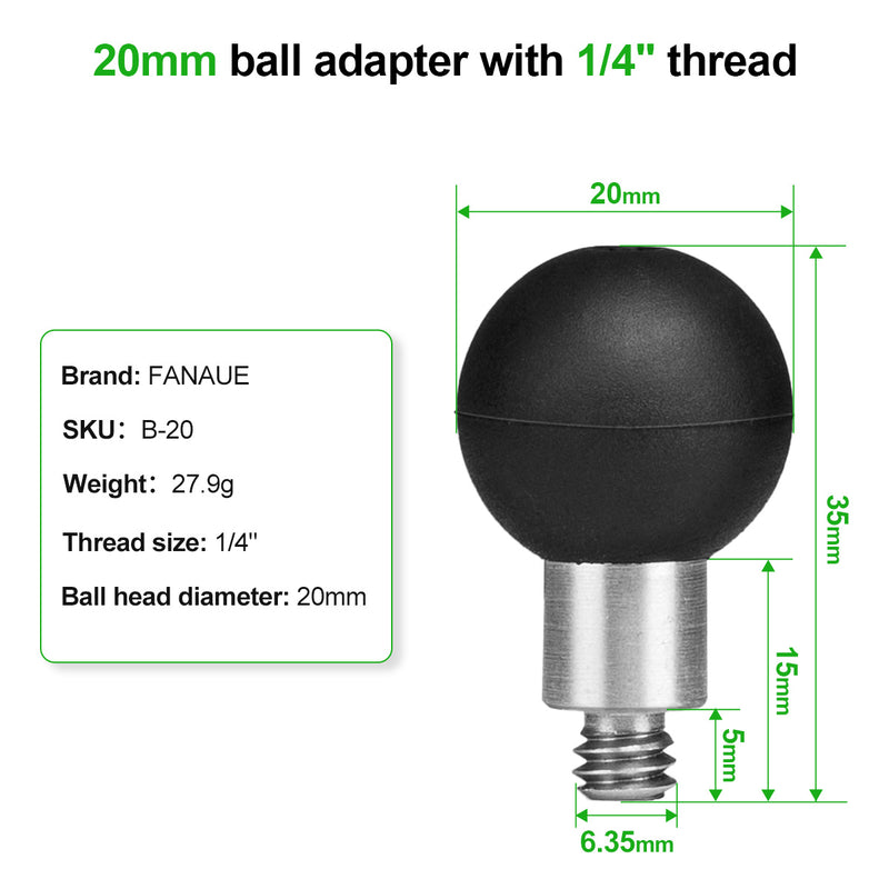 Load image into Gallery viewer, FANAUE 20mm Ball Head Adapter with 1/4&quot; Thread Compatible with All Brands of 20mm Ball Double Socket Arm and Bike Motorcycle Phone Holder Base
