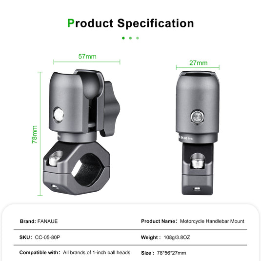 FANAUE Single Socket Arm with Handlebar Clamp Mount U-Bolt Base Compatible with RAM Mounts 1 Inch Ball Head and Bike Motorcycle Phone Holder, Can be Installed on 0.87-1.26" Diameter Rail Round Rod.