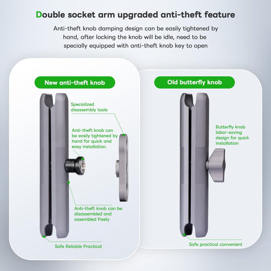 FANAUE Aluminum Anti-Theft Double Socket Arm suit fits Industry All Standard 25.4mm Ball
