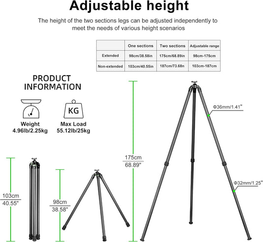 FANAUE ST-3620-65 Hunting Tripod Quick Release Plate Features Arca Swiss Dovetail Mount Carbon Fiber Tripod with Rotating Ball Head Adapter, Shooting Rifle Stand with Trigger System Load 55.12lb/25kg