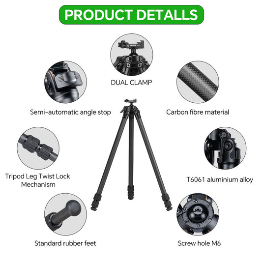 FANAUE Carbon Fiber Tripod for Outdoor Hunting with Quick Release Clamp Compatibility Arca Swiss/Picatinny/RRS Dovetail