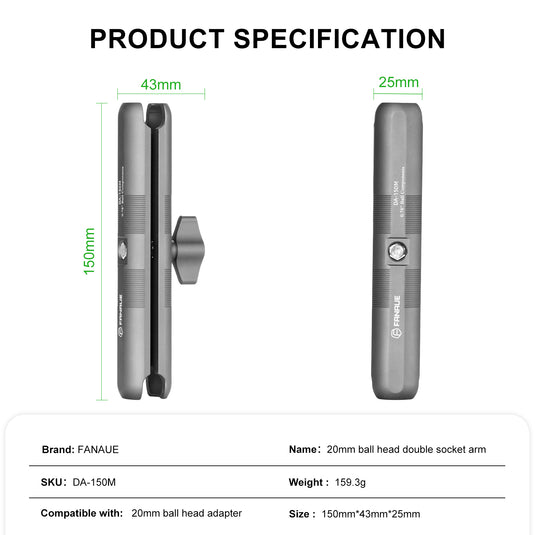 FANAUE Aluminum Double Socket Arm Compatible With 20mm Ball