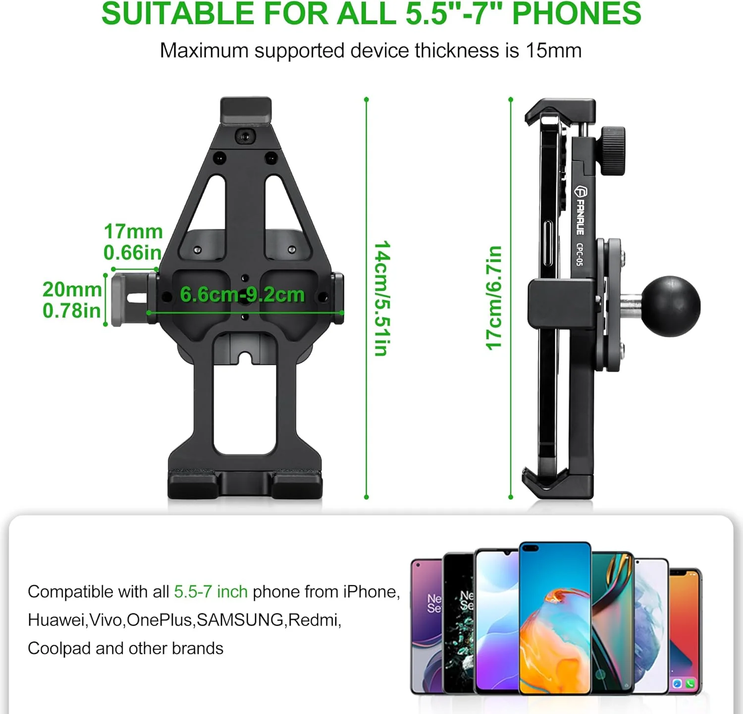 FANAUE CPC-05T6F Motorcycle phone mount compatible with 1-inch ball,fit all 5.5-7 inch phone_1