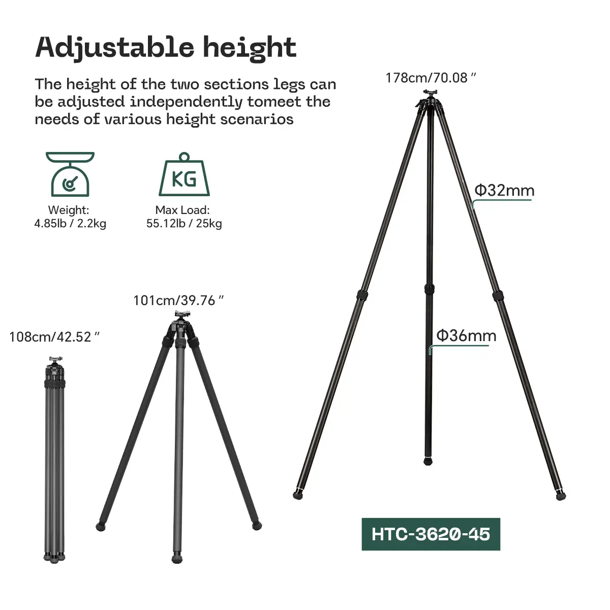 FANAUE HTC series Inverted Carbon Fiber Tripod For Hunting Shooting,Compatible With Arca Swiss And Picatinny Rail (2/3 section,Load:30kg)Rail (2/3 section,Load:30kg)_2