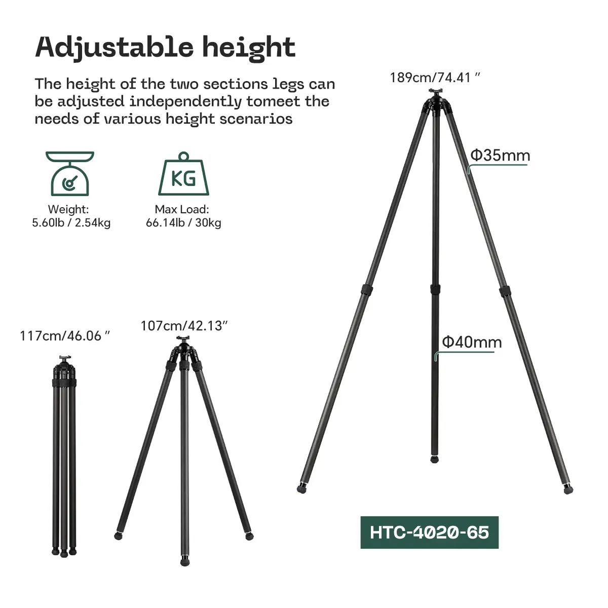 FANAUE HTC series Inverted Carbon Fiber Tripod For Hunting Shooting,Compatible With Arca Swiss And Picatinny Rail (2/3 section,Load:30kg)Rail (2/3 section,Load:30kg)_4