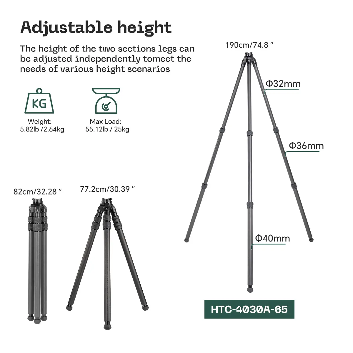 FANAUE HTC-4030A-65 Inverted Carbon Fiber Tripod With 65mm Integrated Half-Ball Leveling Base, 3 Section 25kg Load_1