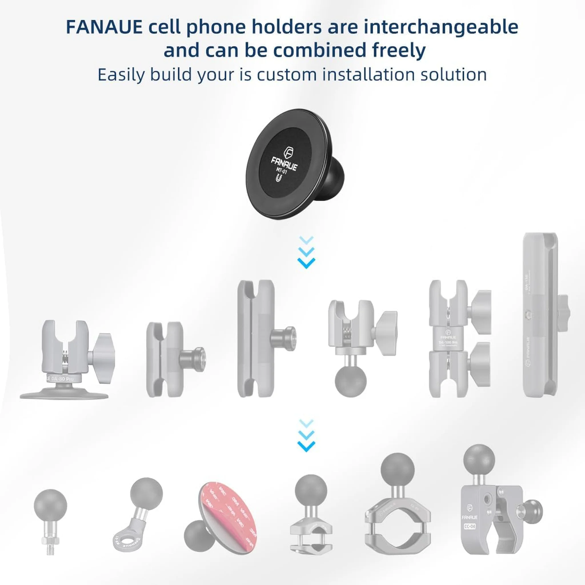 FANAUE Cell Phone Holder Base with 25/20/17mm Ball Head Magnetic Car Phone Mount Stand Compatible with RAM Mount B Size 1 inch, can be Mounted on car Dashboard, Windshield, Suitable for 4.7-7.5" Smartphone