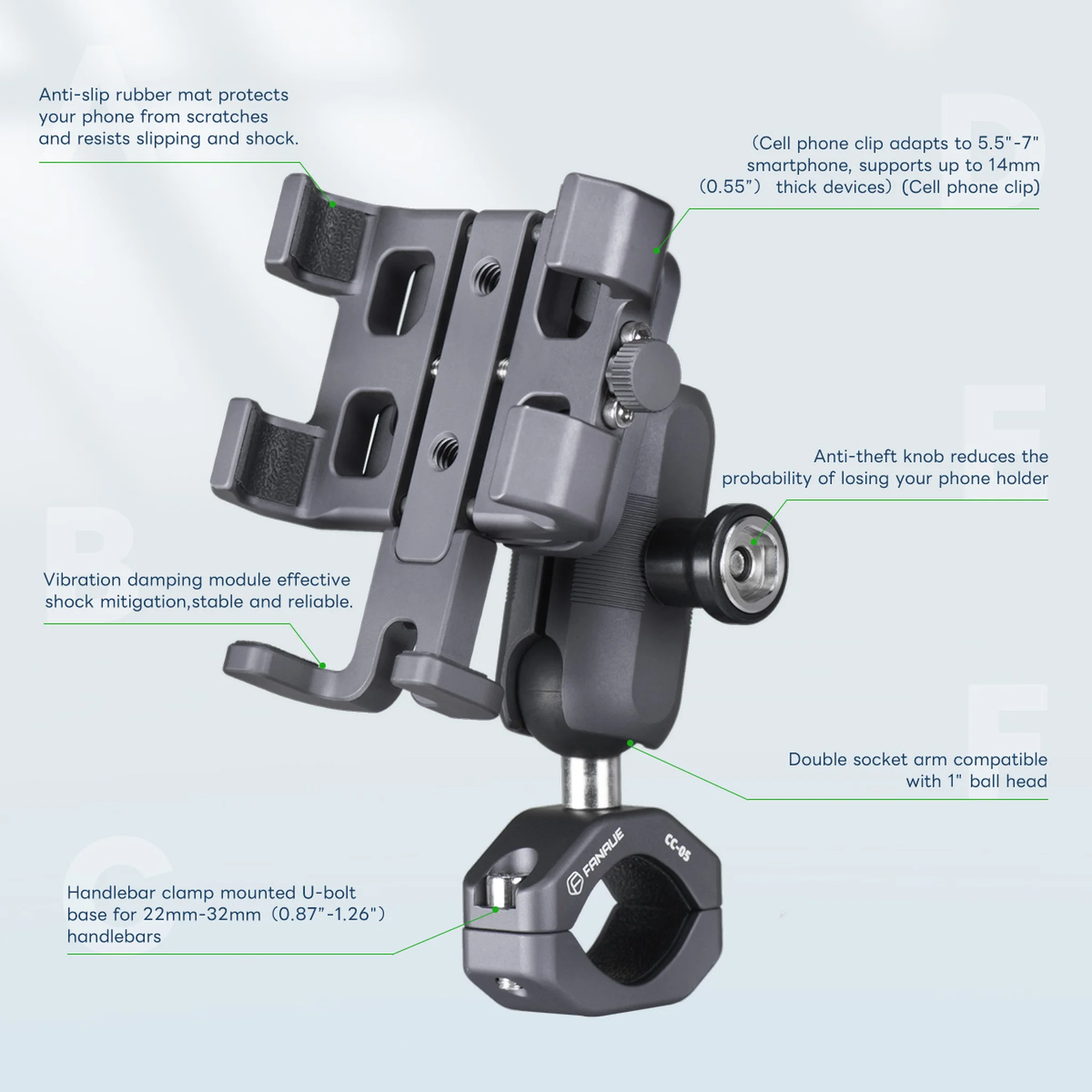 ANAUE Motorcycle Phone Mount Adapter with Shock Absorption Anti-Theft Function