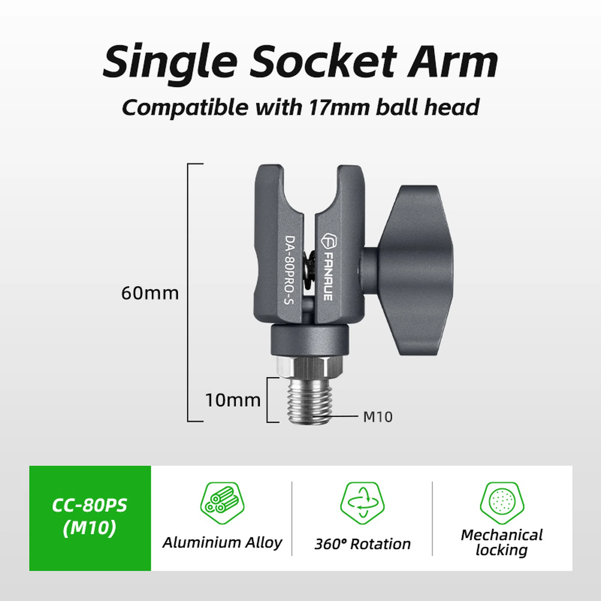FANAUE CC-80PS Series Single Socket Arm Compatible with 17mm RAM Mount B Size Adapters, Aluminum Alloy Clamp for 17mm (0.66 inch) Ball Head,Fits Bicycle, Motorcycle, Car Phone Holder