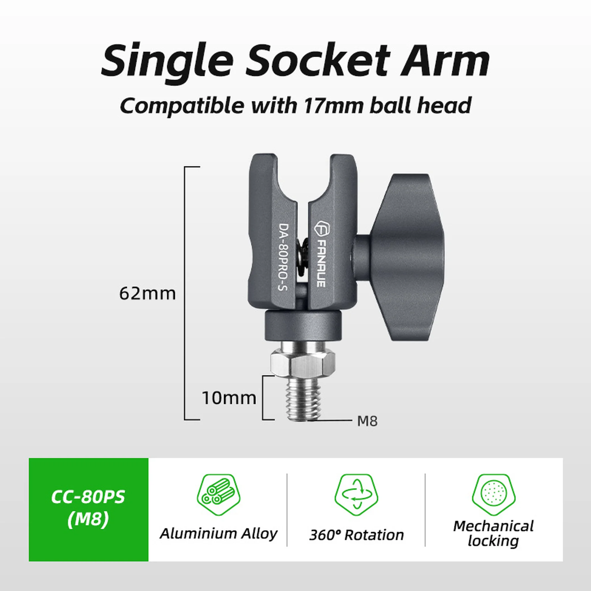 FANAUE CC-80PS Series Single Socket Arm Compatible with 17mm RAM Mount B Size Adapters, Aluminum Alloy Clamp for 17mm (0.66 inch) Ball Head,Fits Bicycle, Motorcycle, Car Phone Holder