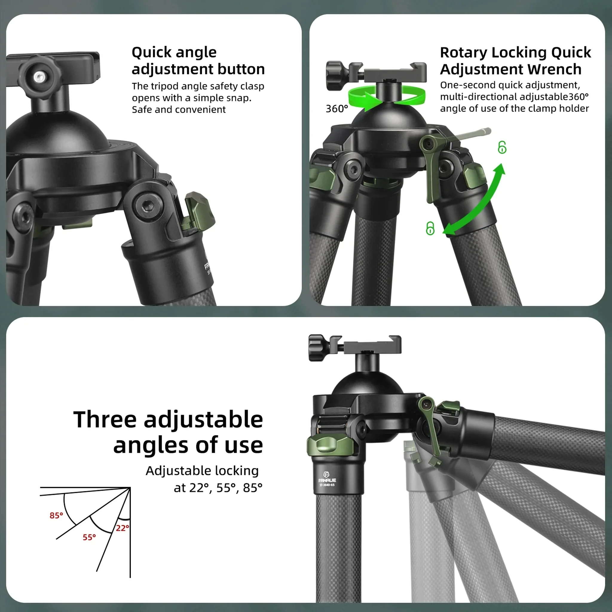 FANAUE ST-65 Carbon Fiber Tripod With Arca Swiss quick release plate clamp with Rotating Ball Head Adapter,Load 55.12lb/25KG