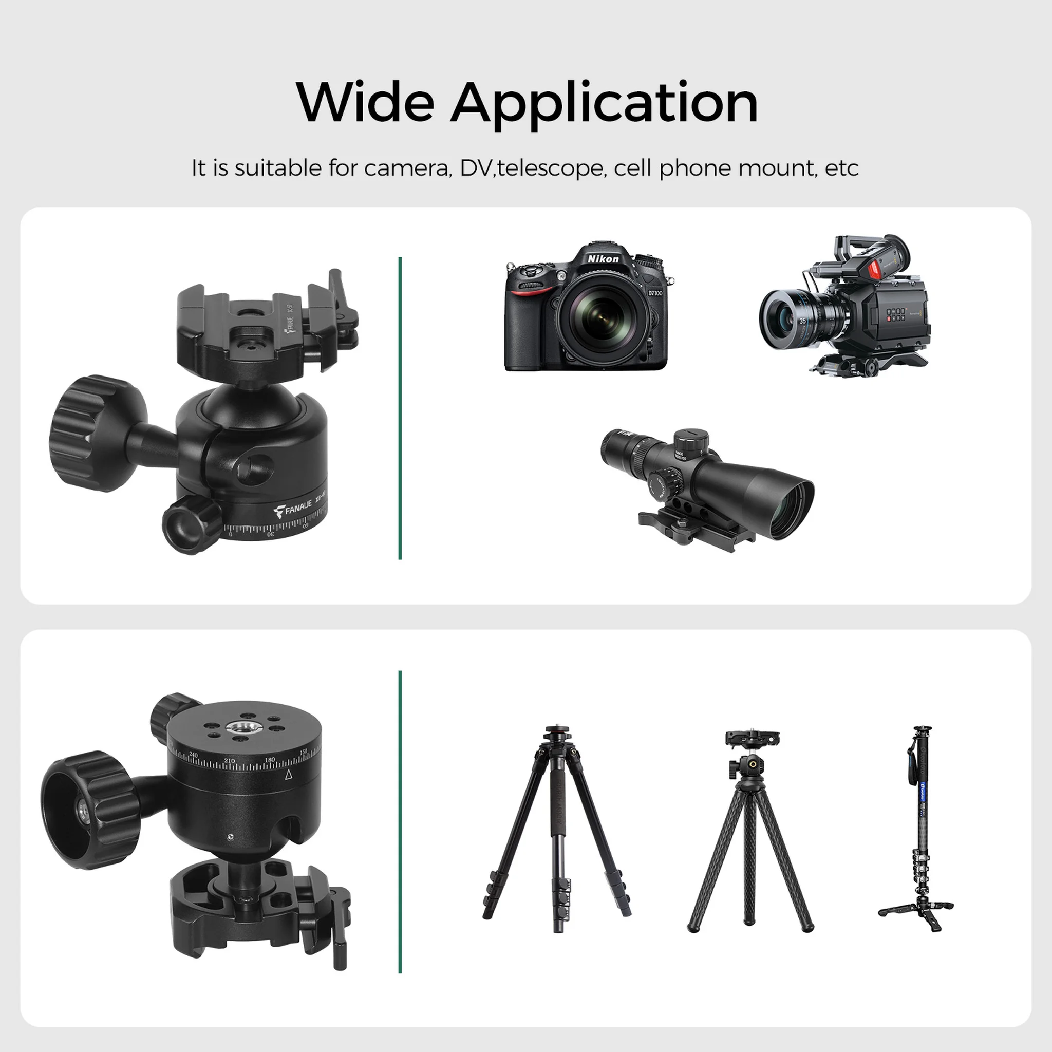 FANAUE XB-40T 360°Panning Ball head  for Tripod with Arca-Swiss Quick Release Plate (Base diameter 55 mm/2.16inch)