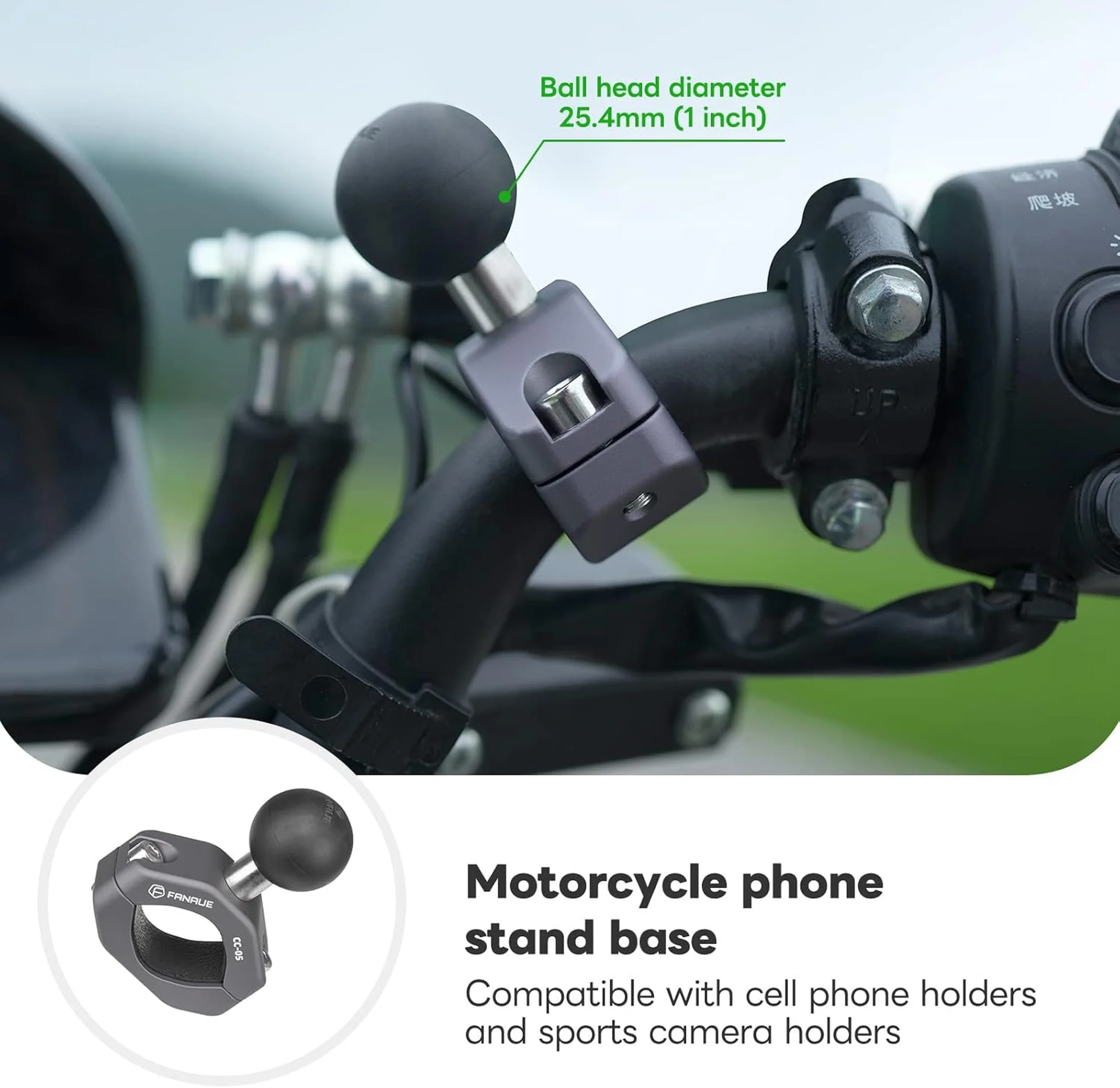 FANAUE Handlebar U-Bolt Base Clamp for Rails 0.85" to 1.14" in Diameter CC-05 Rod Clamp with B Size 1" Ball For RAM Mounts