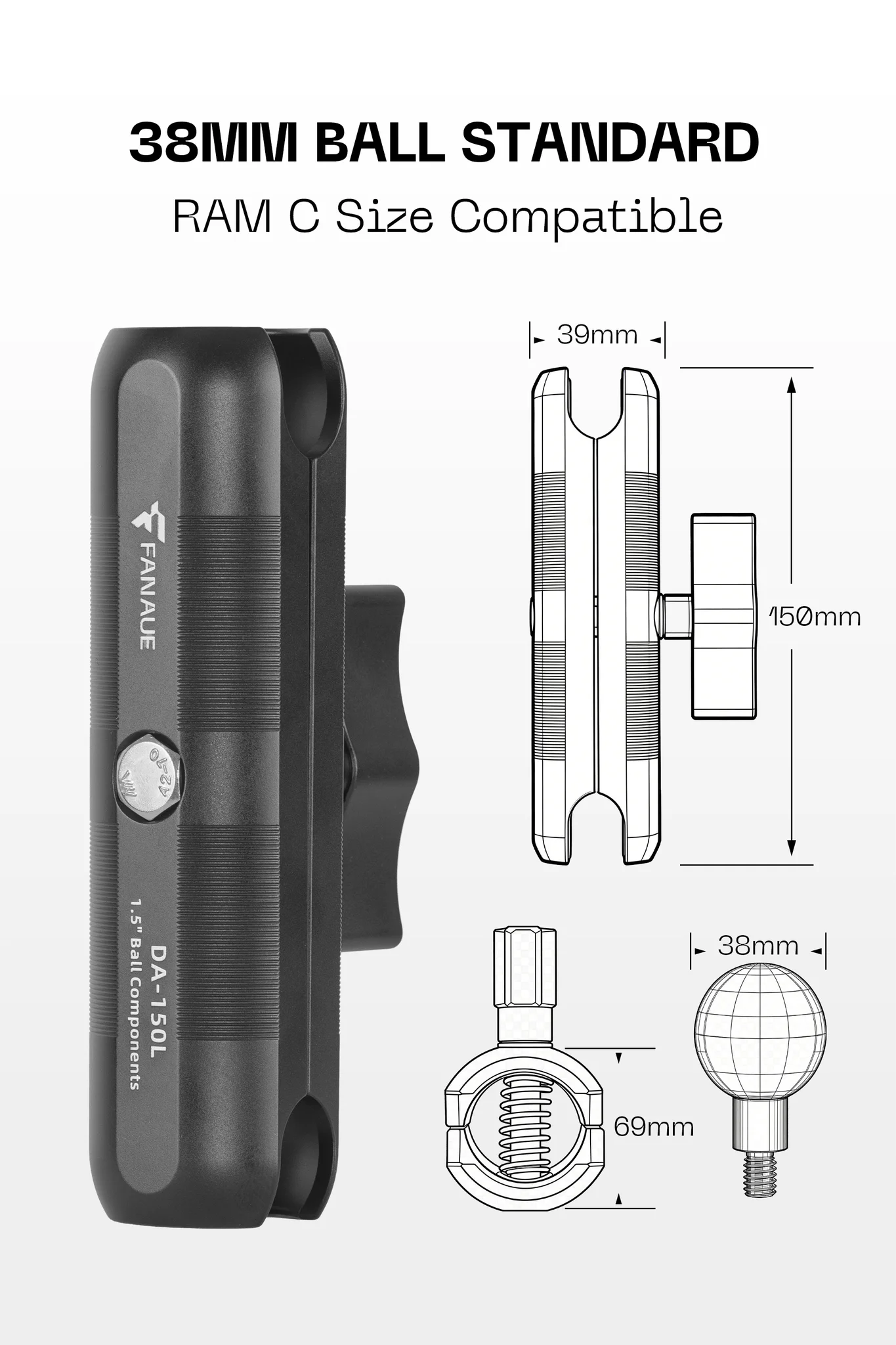 FANAUE DA-150L Aluminum Alloy 1.5" Double Socket Arm,Compatible with RAM C Size 1.5 inch Ball Components(6" Length)
