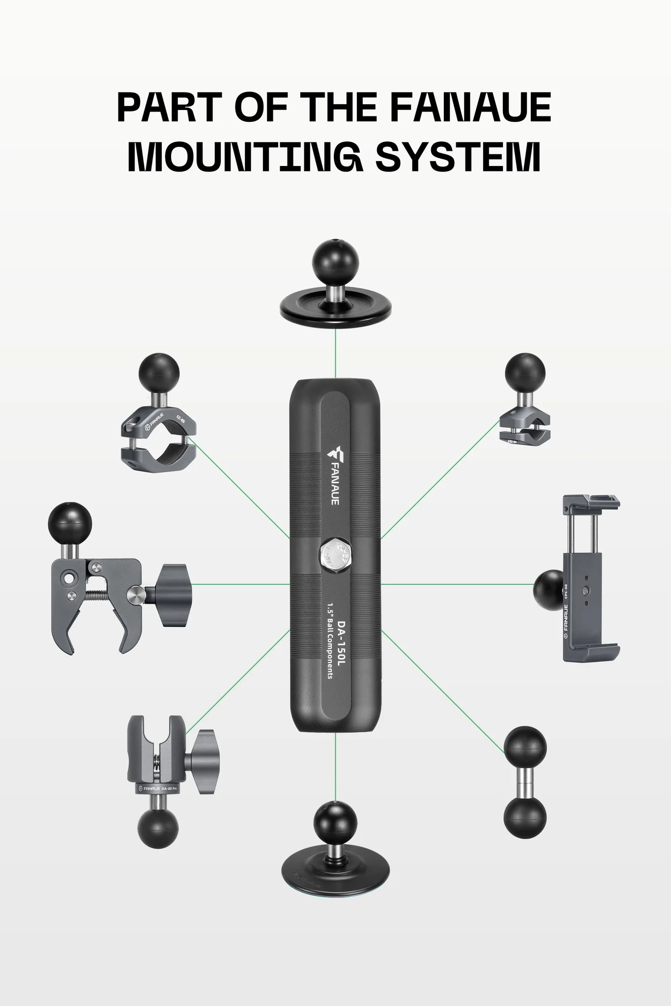 FANAUE DA-150L Aluminum Alloy 1.5" Double Socket Arm,Compatible with RAM C Size 1.5 inch Ball Components(6" Length)