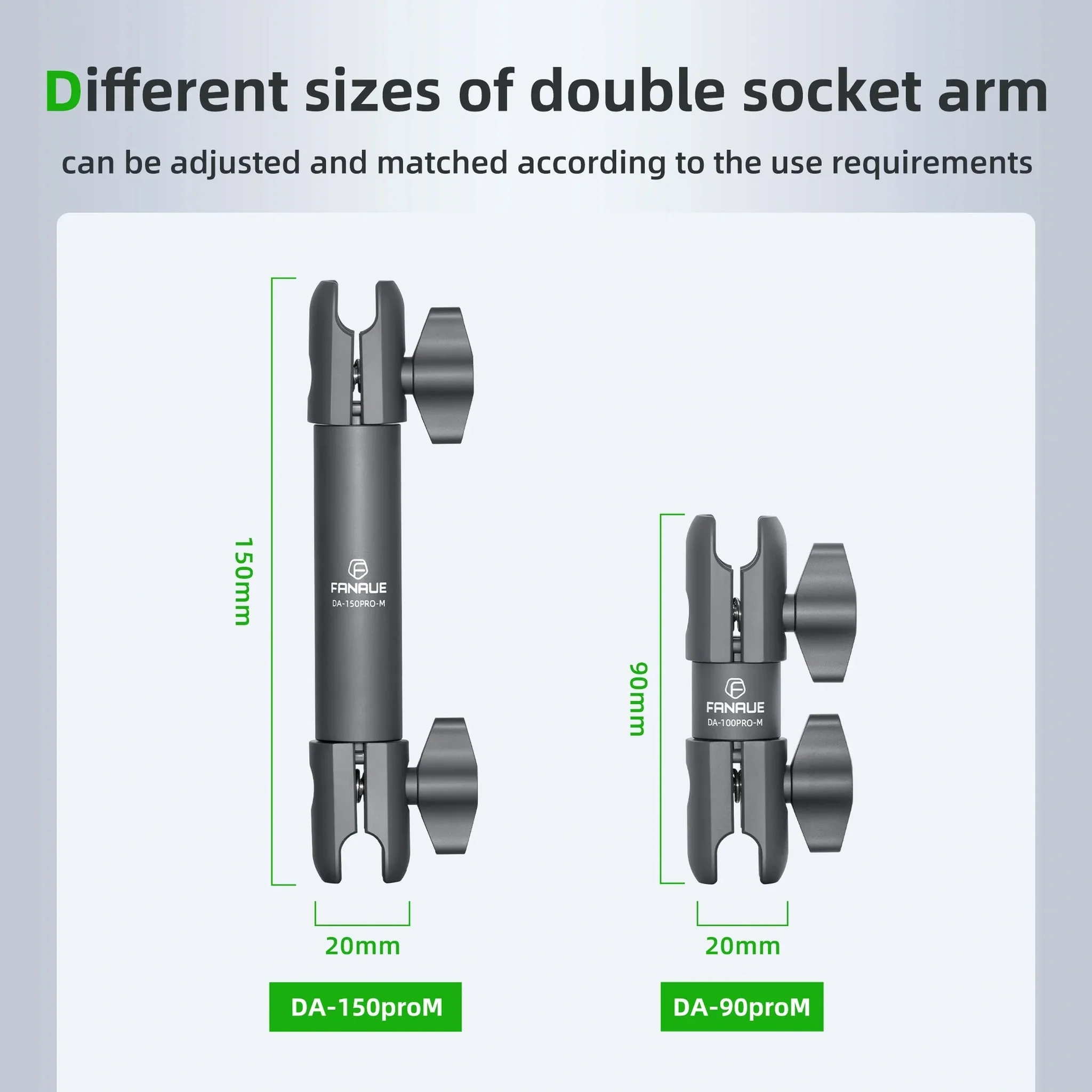 FANAUE Composite Double Socket Swivel Arm, 3.7" Aluminum Mounting Arm Dual 20mm Socket Ends - Fits 20mm Attachment Ball
