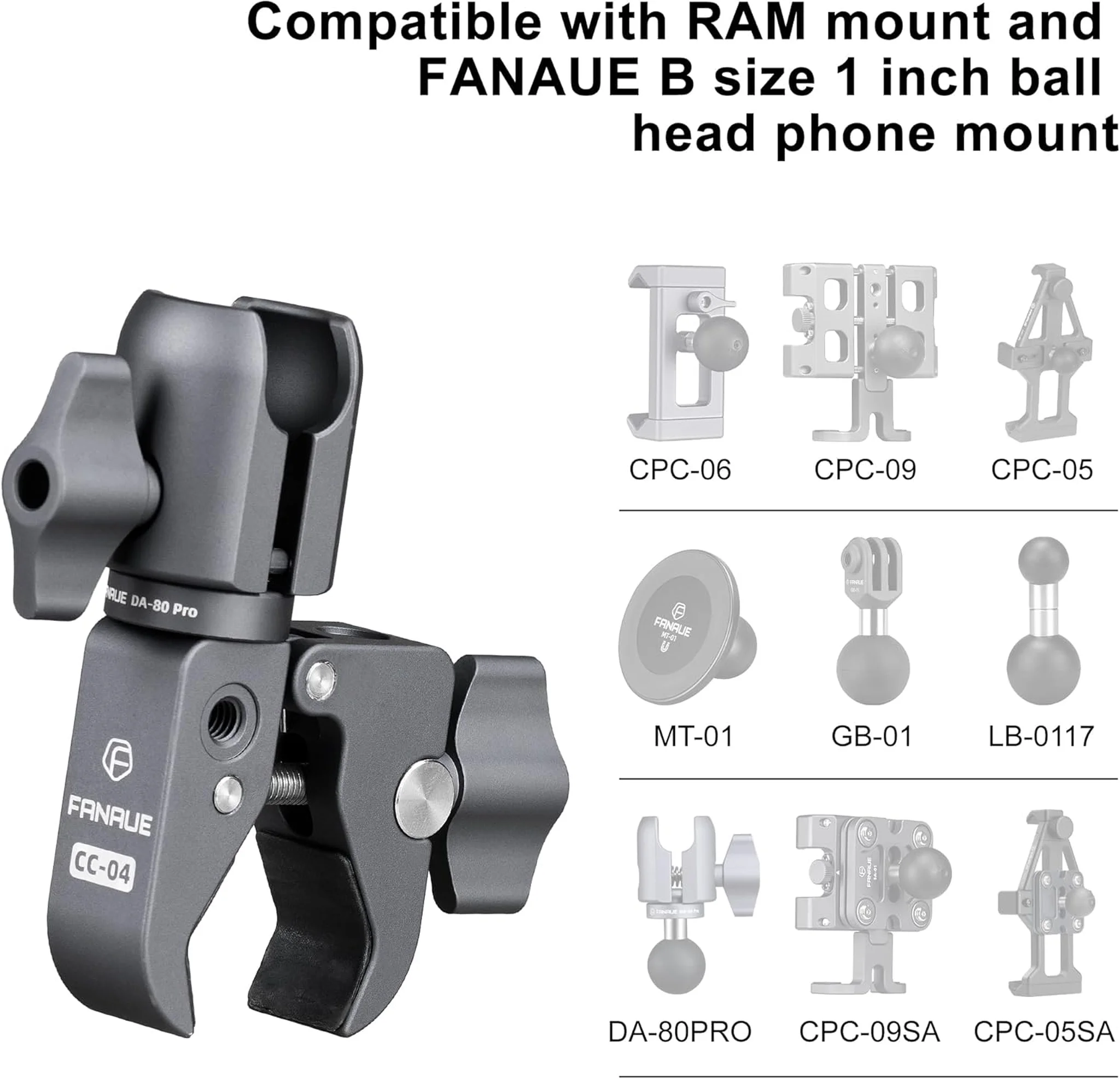FANAUE CC-04(80P) Single Socket Arm with Handlebar Base Mount Strong Rod Clamp Compatible with RAM Mounts 1 Inch Ball