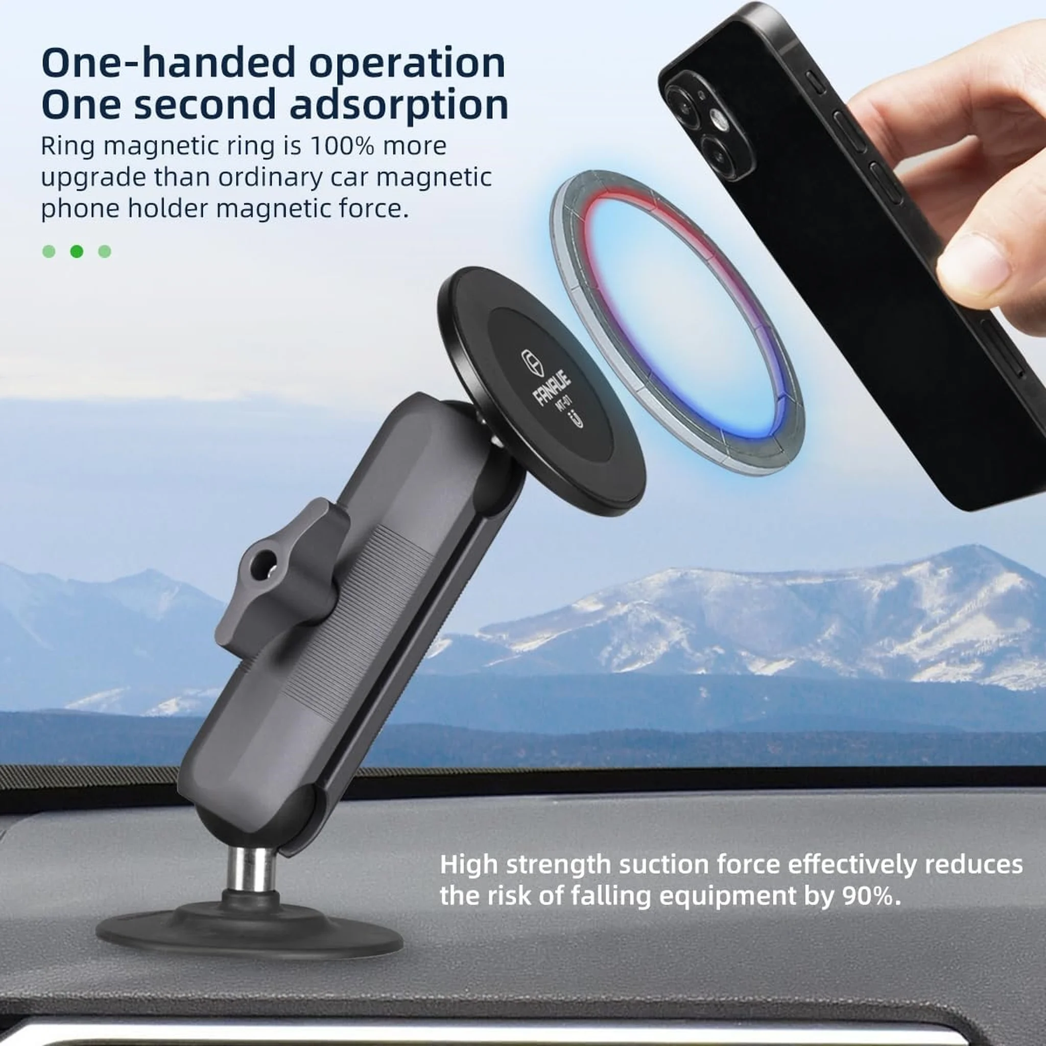 FANAUE SC-03T9 Magnetic Car Mount Compatible with RAM Mount B Size Ball Head, Magnetic car phone holder can be mounted on car dashboard