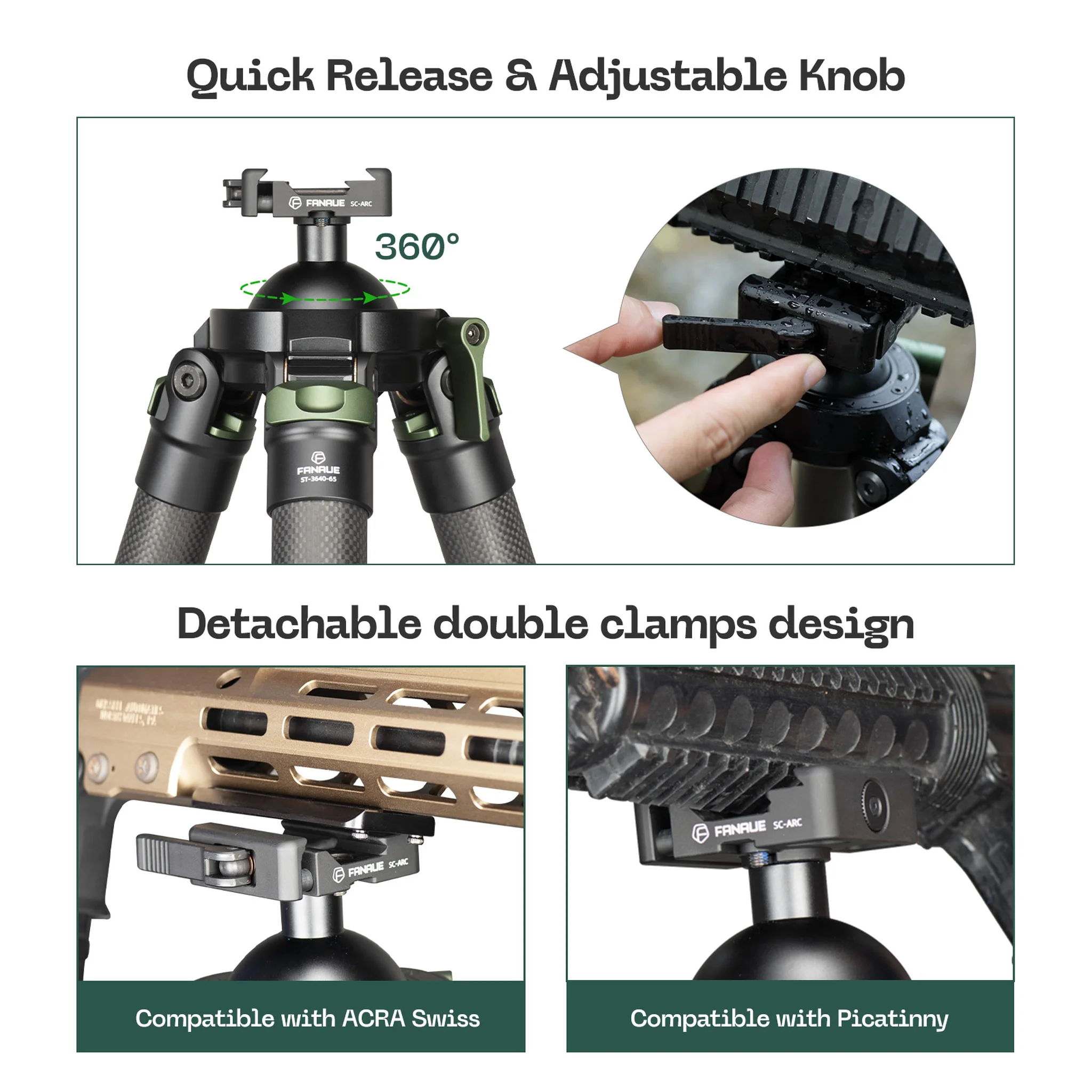 FANAUE ST-3640-65T Hunting Tripod Set（Tripod+Bino Adapter+Saddle Mount）Load 25kg