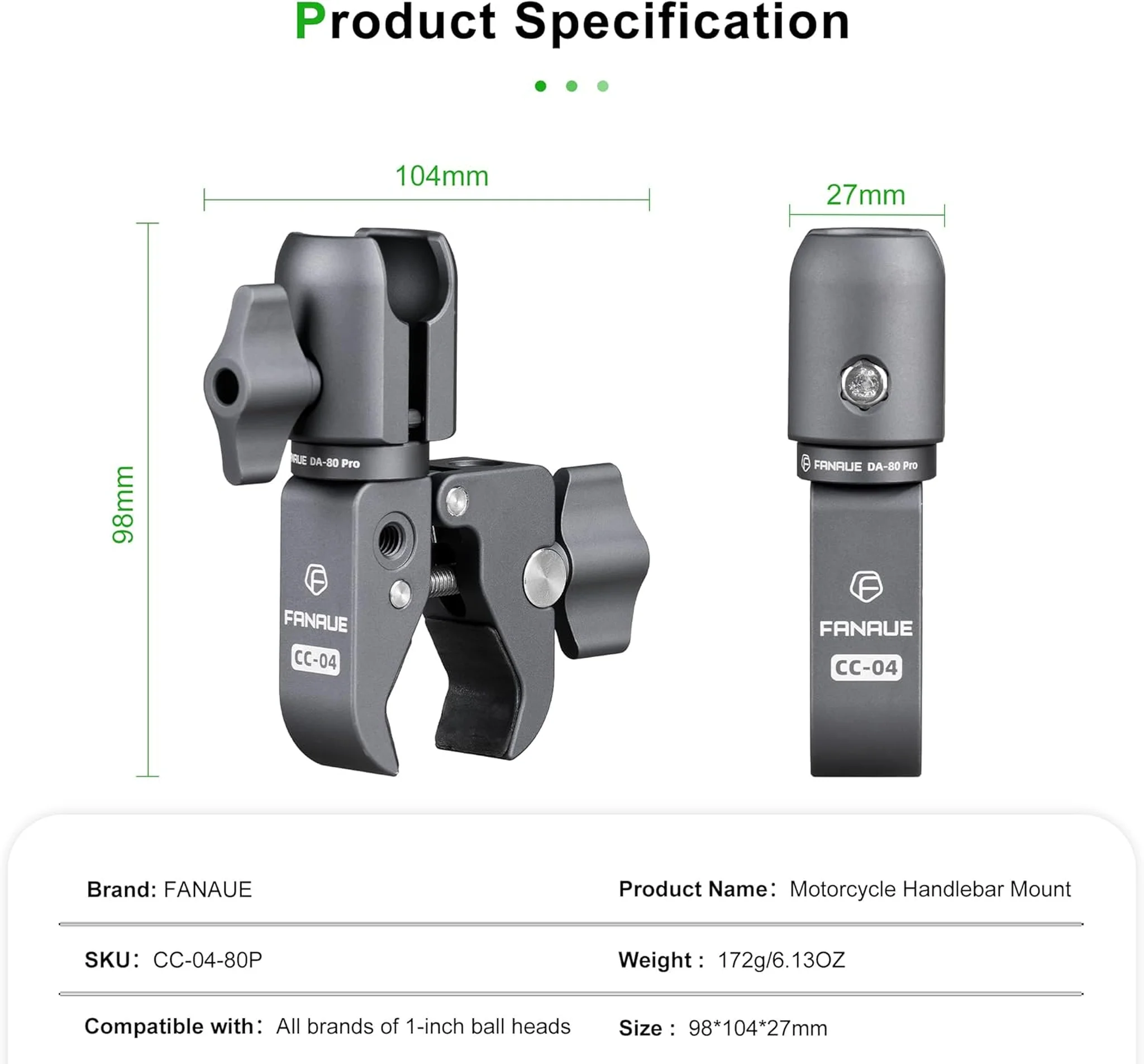 FANAUE CC-04(80P) Single Socket Arm with Handlebar Base Mount Strong Rod Clamp Compatible with RAM Mounts 1 Inch Ball