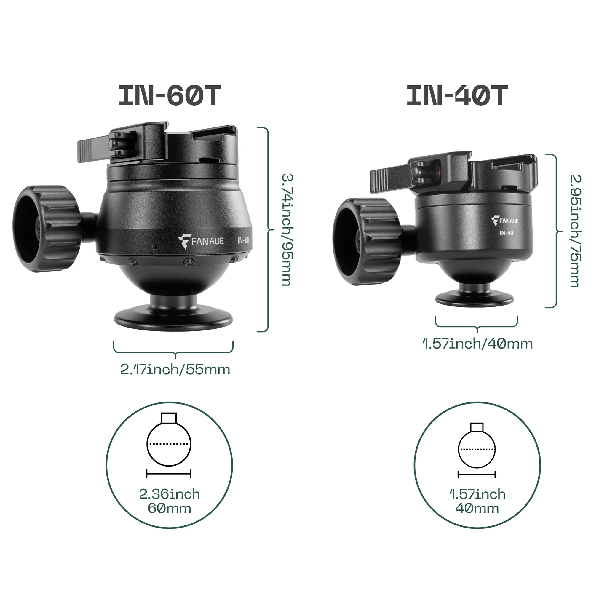 FANAUE IN-60T / IN-40T Inverted Ball Head For Shooting Hunting Load 30kg/20kg
