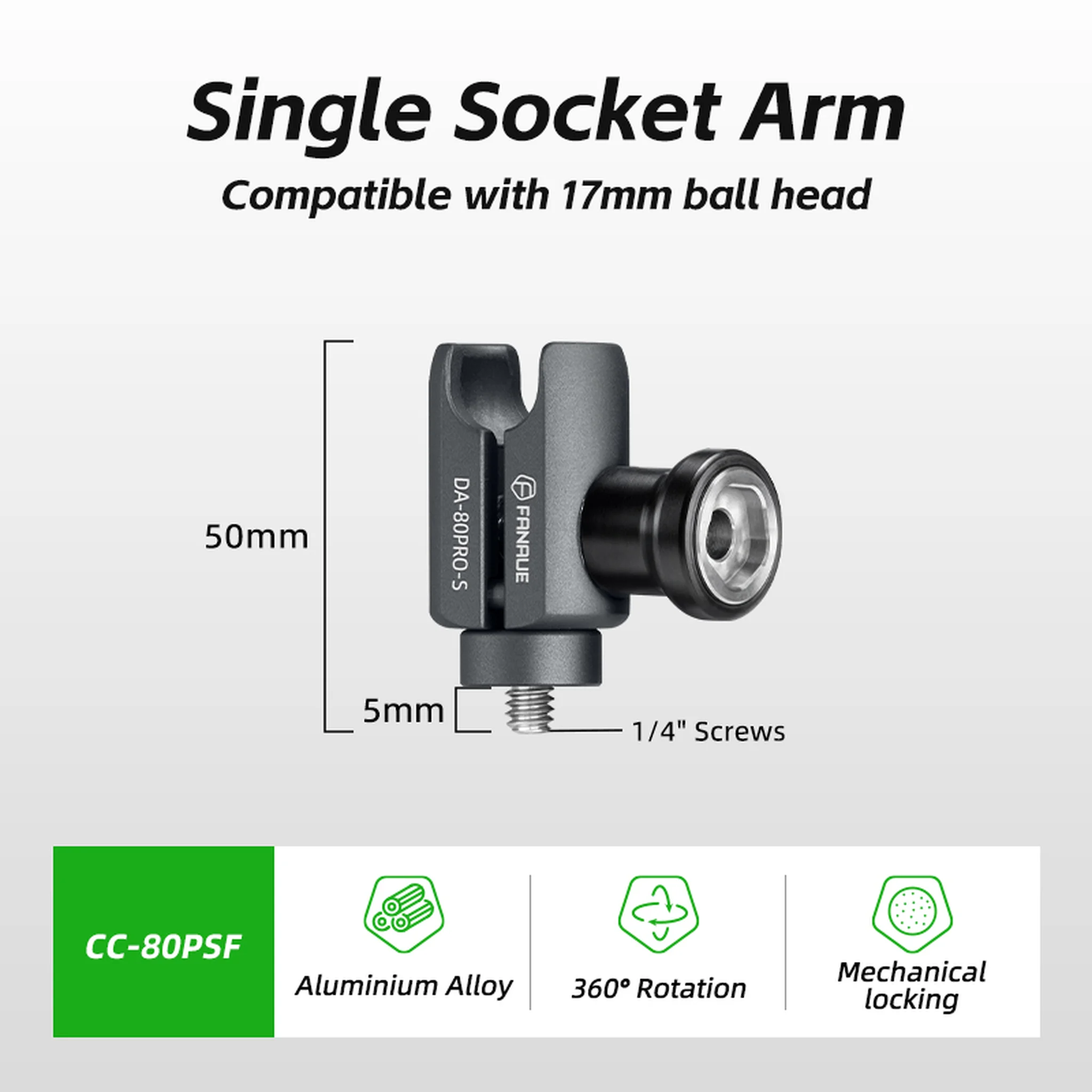 FANAUE CC-80PS Series Single Socket Arm Compatible with 17mm RAM Mount B Size Adapters, Aluminum Alloy Clamp for 17mm (0.66 inch) Ball Head,Fits Bicycle, Motorcycle, Car Phone Holder
