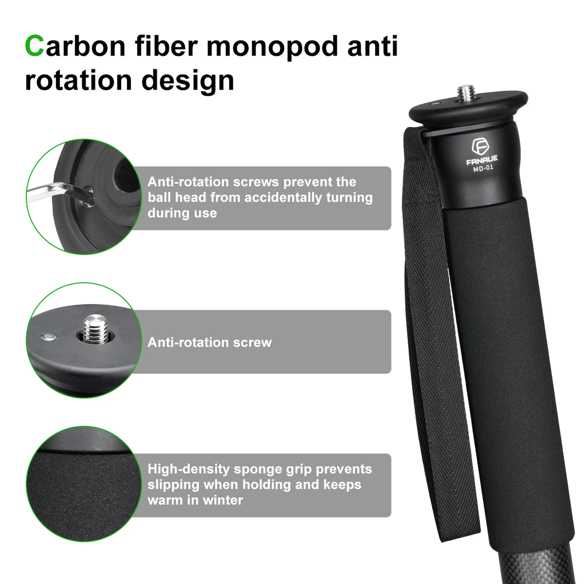 FANAUE MD-01 67.7inch Monopod for Camera Carbon Fiber Portable Compact Lightweight Travel with Walking Stick Handle(1.42"diameter)