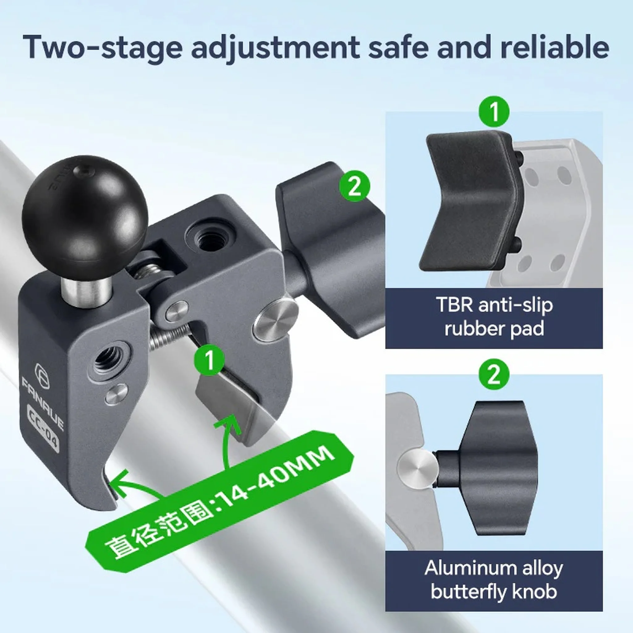FANAUE Motorcycle/ Bike Tablet Mount, fits iPads with a width of 95–225mm.
