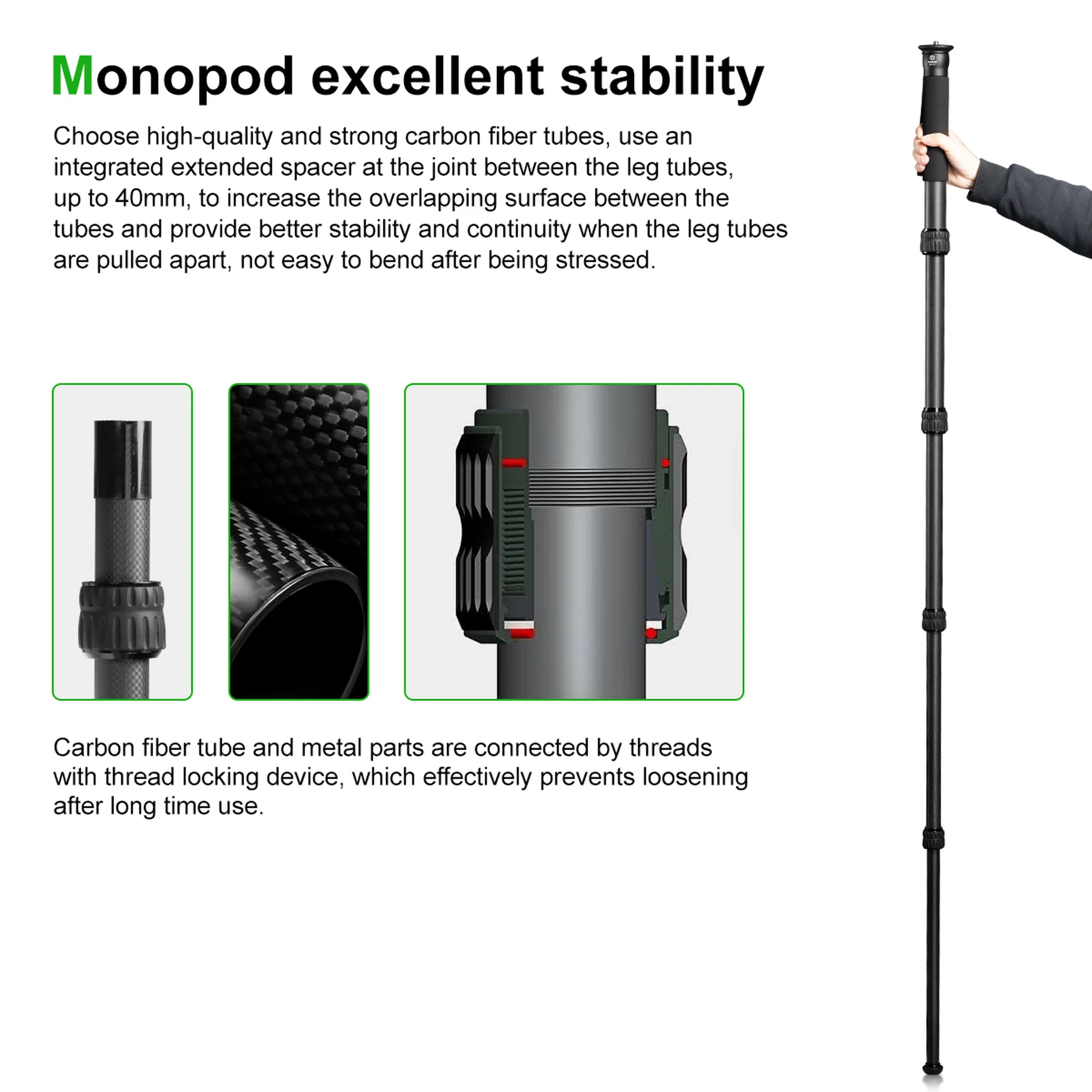 FANAUE MD-01 67.7inch Monopod for Camera Carbon Fiber Portable Compact Lightweight Travel with Walking Stick Handle(1.42"diameter)
