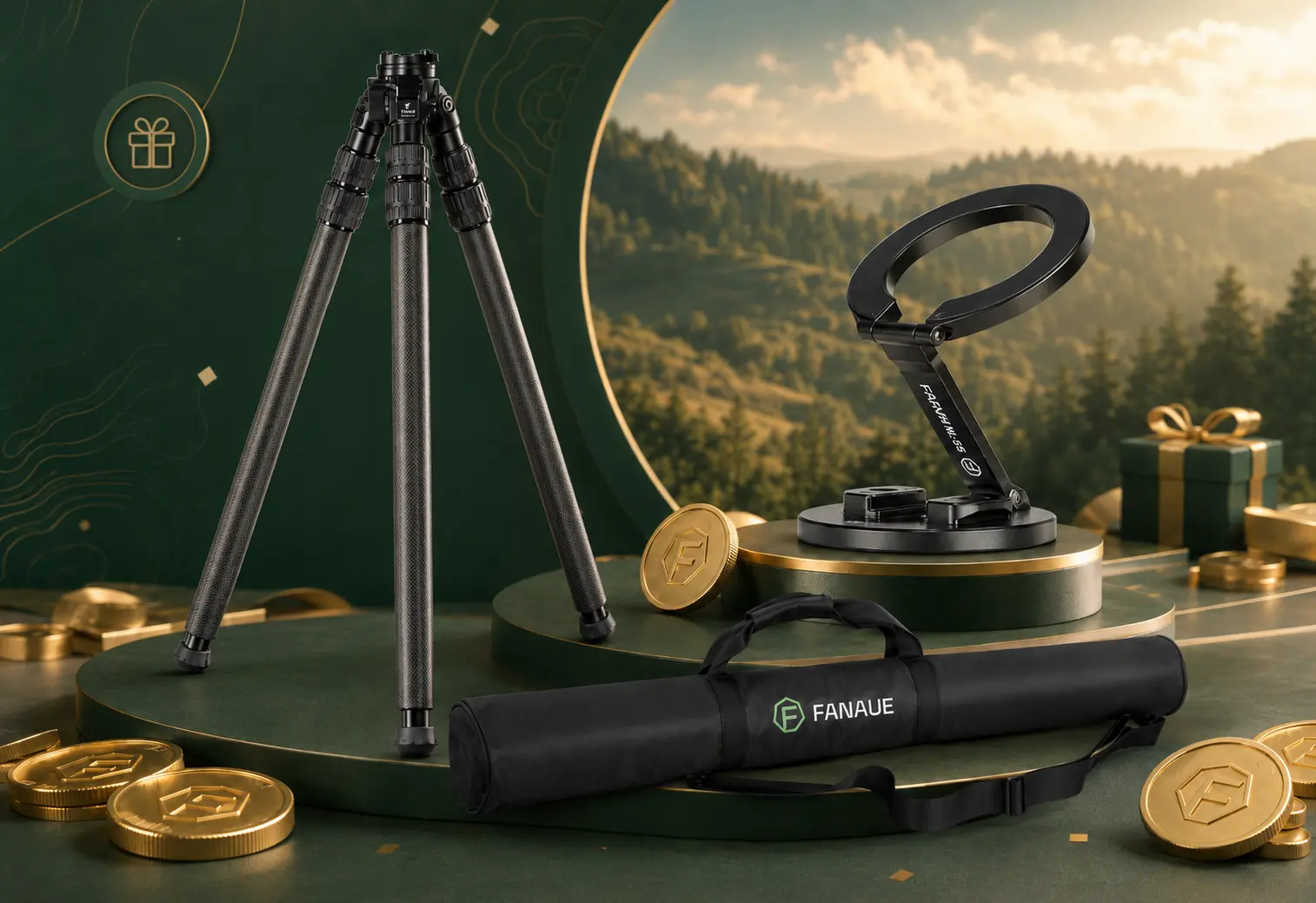 FANAUE points mall preview featuring tripods, mounting accessories, and rewards